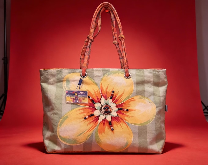 Sun and Sand Canvas Tote Bag: Floral Beaded Design.