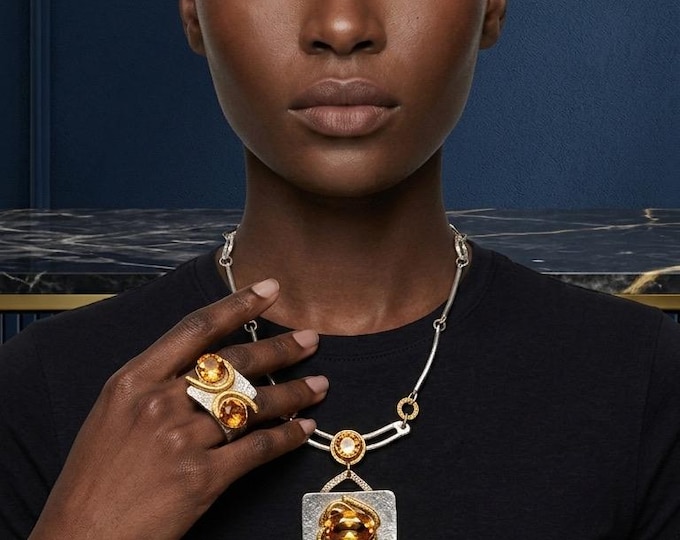 J. Jansen Silver Plated, Gold and Amber Crystal Brutalist- Era Necklace w/matching Ring.