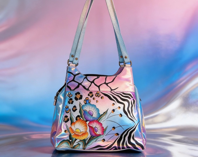 Anuschka Hand Painted Leather Shoulder Bag – Medium Floral Print, Animal Accents