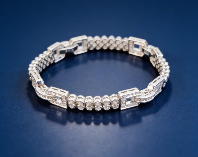 925 Sterling Silver Double Row Bezel Set CZ Buckle Chain Bracelet.