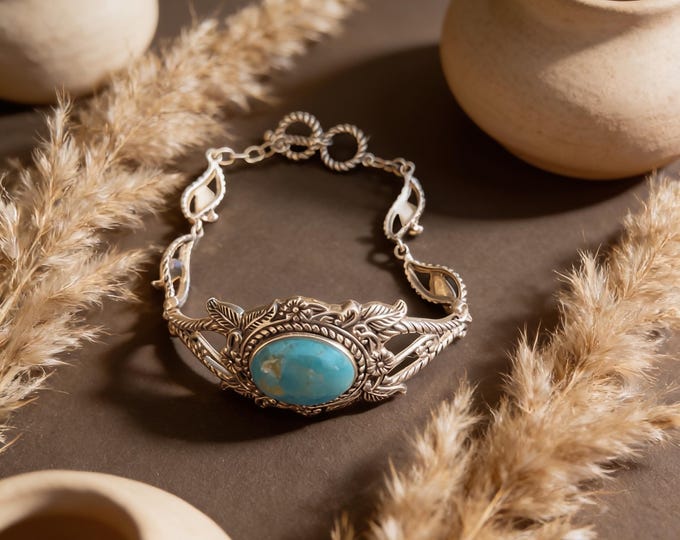 BBJ Sterling Silver (925) Turquoise Flower Leaf Motif Toggle Bracelet.