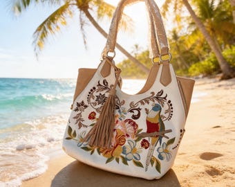 Original by Sharif 1827 Shoulder Handbag with Parrot and Floral Design.