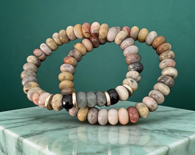 Two Beaded Bracelets in Various  Beige, Brown and Earth Tones.