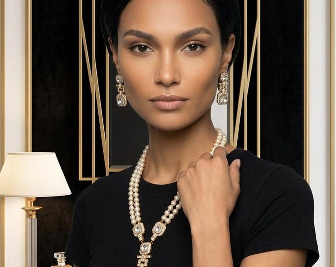 Edwardian-Style Pearl Necklace, Bracelet, Earrings Set (Clip-on)