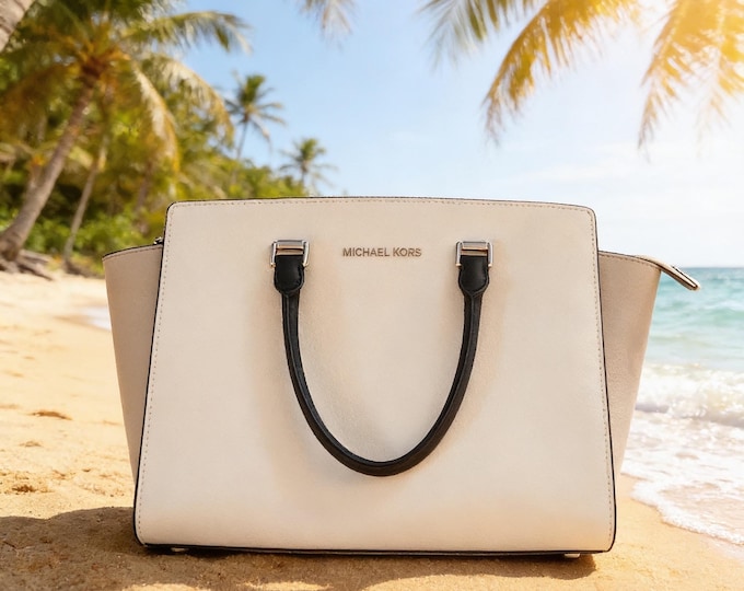 Michael Kors Selma Leather Handbag – Light Beige Tan, Black Handles.