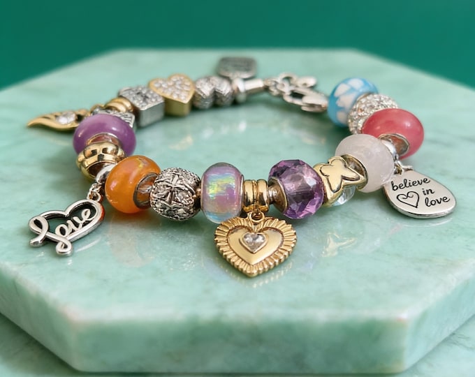 Silver Charm Bracelet with Colorful Beads and Love Theme