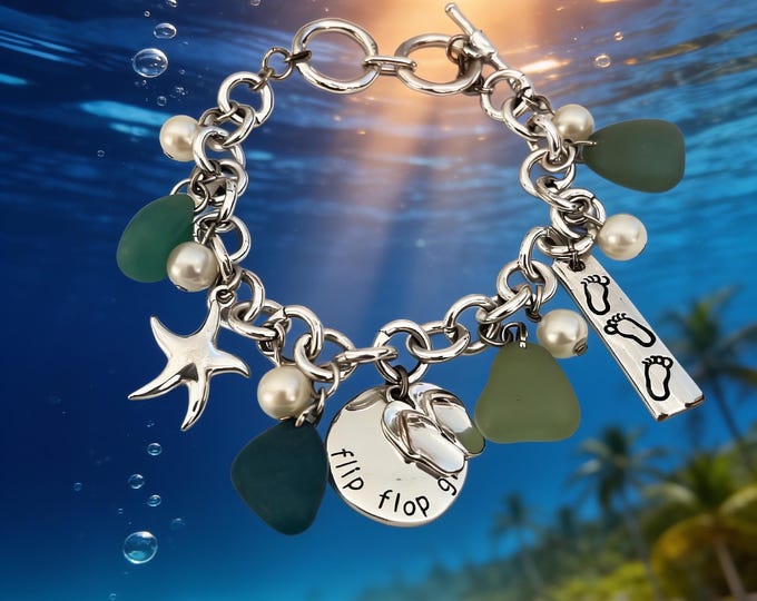Silver Charm Bracelet: Beach Theme, Flip Flops, Starfish, Footprints