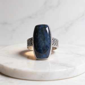 Peut inclure: Une bague en argent ornée d'une grande pierre précieuse rectangulaire bleu foncé à la surface lisse et polie. L'anneau en métal présente un motif en treillis ajouré complexe sur les deux côtés, offrant un contraste détaillé avec la pierre.