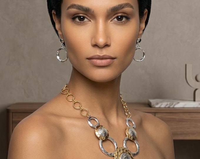 Hammered Mixed Metal Necklace w/matching Hoop Earrings.