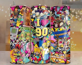 90s Cartoon Tumbler Wrap PNG: Retro TV Collage (Digital Download)