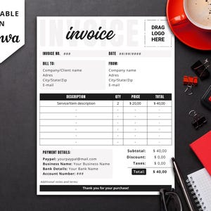 Editable Invoice Template | Small Business Billing Form | Modern Printable Invoice | Canva Template Instant Download