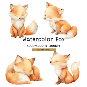 Watercolor Fox Clipart Bundle: Nursery Animal PNG Images (Digital Download