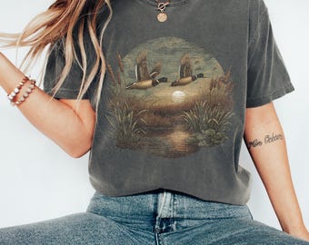 Retro Duck Hunting PNG, Vintage Wildlife Sunset Scene, Waterfowl Art Sublimation