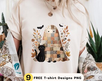 Patchwork Halloween Ghost & Cat PNG: Spooky Clipart (Digital Download)
