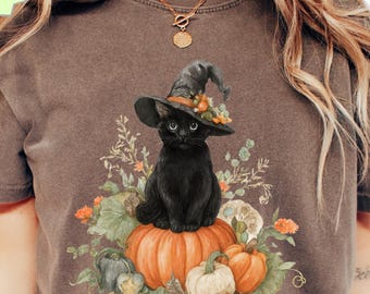Comfort Colors Halloween Cat Shirt: Vintage Witch Black Cat & Pumpkins