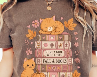 Comfort Colors Cozy Autumn Shirt, Book Lover Cat Tee