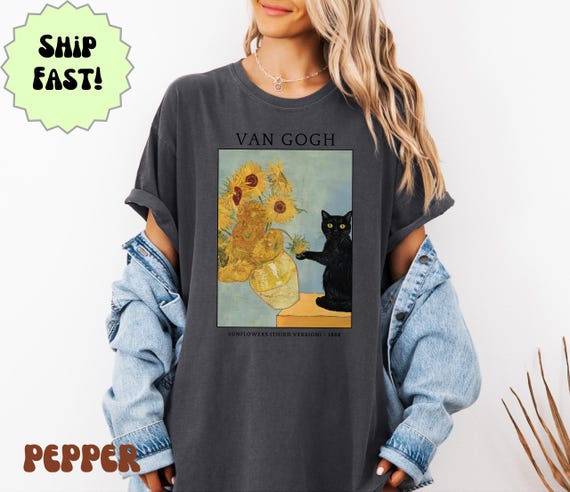 Comfort Colors Van Gogh Cat Shirt: Black Cat Sunflower Tee