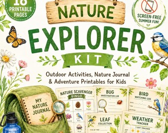 May include: A Nature Explorer Kit featuring 18 printable pages, a green backpack, a blue water bottle, a yellow pencil, a magnifying glass, and black binoculars. Includes activity sheets for scavenger bingo, bug, bird, leaf, and weather tracking.