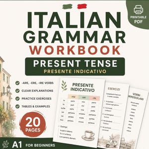 Może przedstawiać: Drukowany zeszyt ćwiczeń z gramatyki włoskiej zatytułowany "Italian Grammar Workbook Present Tense". Okładka przedstawia kolory włoskiej flagi i zawiera tekst "20 Pages" oraz "A1 For Beginners".