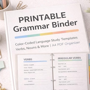 Caderno de Gramática Imprimível | Modelos de Estudo de Idiomas com Código de Cores | Verbos, Substantivos e Mais | Organizador em PDF A4