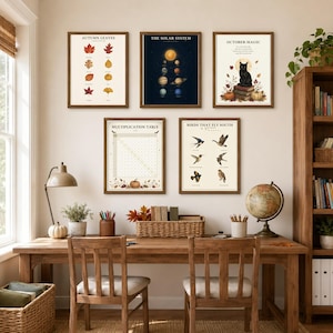 May include: Five framed wall art prints displayed above a wooden desk. The prints feature educational and seasonal themes including Autumn Leaves, The Solar System, October Magic with a black cat, a Multiplication Table, and Birds That Fly South.