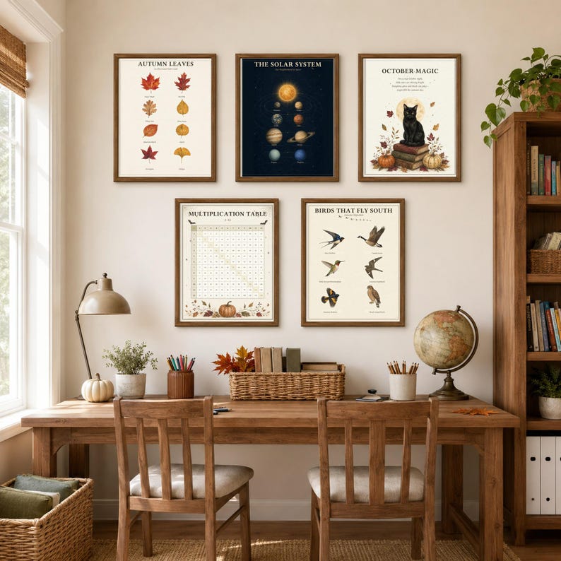 May include: Five framed wall art prints displayed above a wooden desk. The prints feature educational and seasonal themes including Autumn Leaves, The Solar System, October Magic with a black cat, a Multiplication Table, and Birds That Fly South.