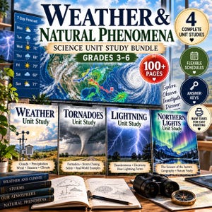 Puede incluir: Un paquete de estudio de ciencias titulado Weather & Natural Phenomena para los grados 3-6. El conjunto incluye cuatro libros de estudio individuales sobre clima, tornados, rayos y auroras boreales, junto a libros y un cuaderno abierto.