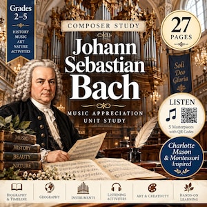 Puede incluir: Una portada de estudio de apreciación musical con un retrato de Johann Sebastian Bach, una pila de libros etiquetados Music, History, Beauty, Nature, y partituras abiertas con una pluma. Incluye texto para grados 2-5 y 27 páginas.