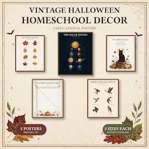 May include: A set of five educational posters titled VINTAGE HALLOWEEN HOMESCHOOL DECOR. The posters feature illustrations of autumn leaves, the solar system, a black cat on books, a multiplication table, and birds that fly south, all on cream paper.
