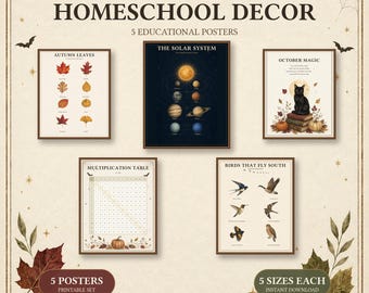 May include: A set of five educational posters titled VINTAGE HALLOWEEN HOMESCHOOL DECOR. The posters feature illustrations of autumn leaves, the solar system, a black cat on books, a multiplication table, and birds that fly south, all on cream paper.