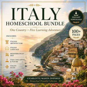 Pode incluir: Uma coleção imprimível Italy Homeschool Bundle apresentando uma paisagem de cidade costeira com uma igreja de cúpula. O texto inclui: Italy Homeschool Bundle, One Country Five Learning Adventures, Includes: Italian Architecture, Language, Diet, Volcanoes & Nature, Study, 100+ Pages, Instant Download, Charlotte Mason Inspired.