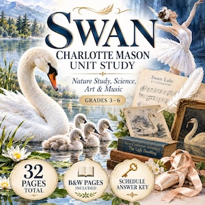 May include: A Swan Charlotte Mason Unit Study educational guide featuring a large white swan and cygnets on a lake, a ballerina, sheet music for Swan Lake, a copy of The Ugly Duckling, and ballet slippers. The cover text includes Grades 3-6.