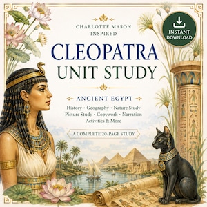 Pode incluir: Um documento educativo digital intitulado Cleopatra Unit Study Ancient Egypt. A capa apresenta uma ilustração de Cleópatra, um gato preto com joias de ouro, pirâmides, um rio com um veleiro, flores de lótus e um rolo de papiro.