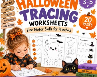 May include: Halloween Tracing Worksheets for preschool with 20 pages. The cover features a child using an orange crayon on a worksheet, surrounded by illustrations of a black cat, a pumpkin, a bat, and autumn leaves. Text includes Ages 3-5.