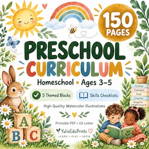 May include: A preschool curriculum homeschool guide for ages 3-5 with 150 pages. The cover features a watercolor illustration of a sun, rainbow, bee, rabbit, children reading, and alphabet blocks. Text includes 'Preschool Curriculum', '5 Themed Blocks', 'Skills Checklists', 'High-Quality Watercolor Illustrations', 'Printable PDF', 'US Letter', and 'YuliaEduPrints'.