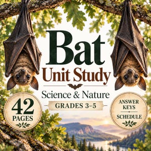 Könnte beinhalten: Ein Bat Unit Study Science & Nature Lehrmaterial für die Klassen 3-5, bestehend aus 42 Seiten, Lösungsschlüsseln und einem Zeitplan. Das Cover zeigt zwei braune Fledermäuse, die an einem Ast hängen, mit dunkelgrünem und braunem Text.