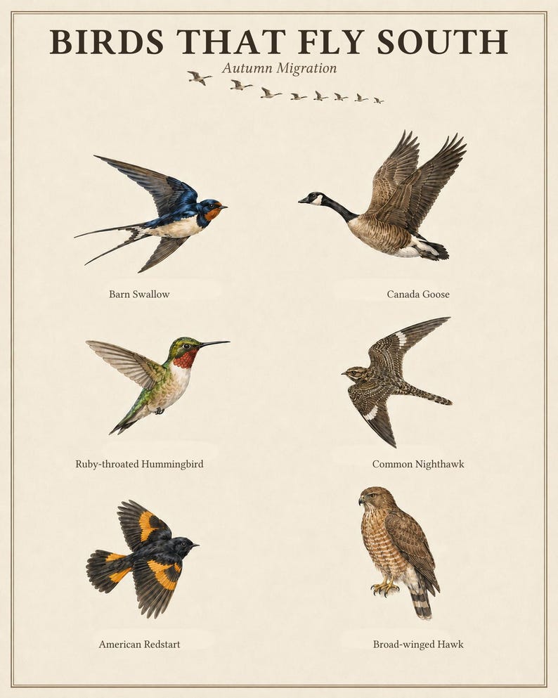 May include: A poster titled BIRDS THAT FLY SOUTH Autumn Migration featuring illustrations of a Barn Swallow, Canada Goose, Ruby-throated Hummingbird, Common Nighthawk, American Redstart, and Broad-winged Hawk arranged on a cream background.
