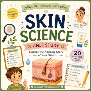 以下が含まれることがあります： 「Skin Science」と書かれた学習用ユニットスタディの表紙。濃い青と緑の文字でタイトルが記され、皮膚の断面図、虫眼鏡、日焼け止め、クリップボード、メモ帳、親指を立てた子供のイラストが描かれています。
