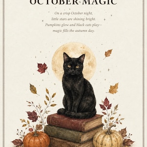 May include: A print featuring a black cat sitting on a stack of three books, with a full moon, pumpkins, and autumn leaves. The text reads: OCTOBER MAGIC. On a crisp October night, little stars are shining bright. Pumpkins glow and black cats play.