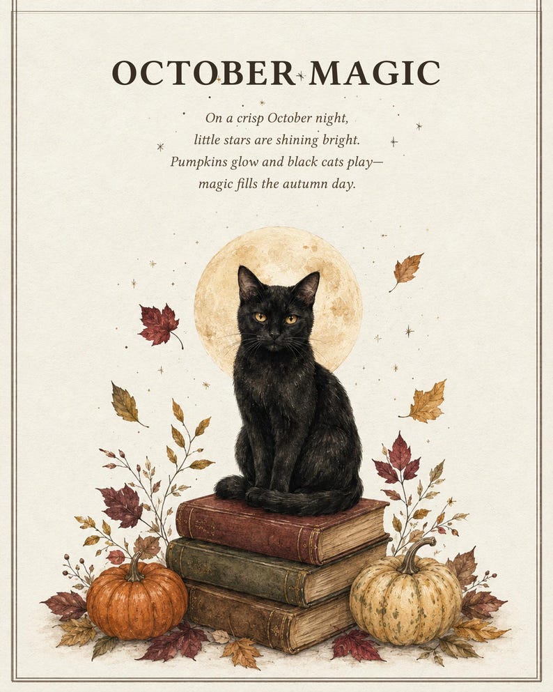 May include: A print featuring a black cat sitting on a stack of three books, with a full moon, pumpkins, and autumn leaves. The text reads: OCTOBER MAGIC. On a crisp October night, little stars are shining bright. Pumpkins glow and black cats play.