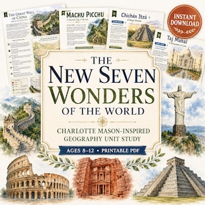 Pode incluir: Uma unidade de estudo de geografia em PDF imprimível intitulada The New Seven Wonders of the World, apresentando ilustrações em aquarela da Grande Muralha da China, Machu Picchu, Chichén Itzá, Taj Mahal, Cristo Redentor, Coliseu e Petra.