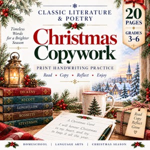 Könnte beinhalten: Ein Christmas Copywork Buchcover mit dem Titel Classic Literature & Poetry Christmas Copywork, Print Handwriting Practice, 20 Seiten, Klassen 3-6. Es zeigt einen Bücherstapel, eine Laterne, eine Tasse mit Baum und eine Schreibseite.