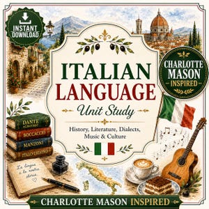 Op de afbeelding: Een educatieve poster voor Italiaanse taalstudie met een stapel boeken van Dante, Boccaccio, Manzoni en Italo Calvino, een open notitieboek met pen, een inktpot, een gitaar, een tiramisu, een kopje koffie en een Italiaanse vlag.