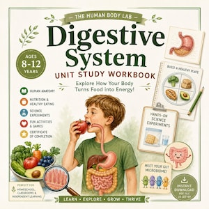 May include: A Digestive System unit study workbook for ages 8-12 featuring a child eating an apple with a visible illustration of internal organs. The cover includes text about human anatomy, nutrition, science experiments, and healthy eating.