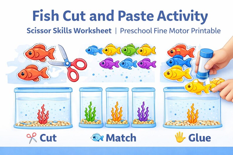 Fish Cut and Paste Activity | Scissor Skills Worksheet | Preschool Fine ...