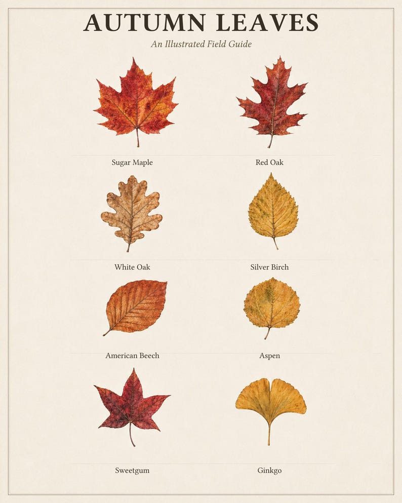 May include: An illustrated field guide titled AUTUMN LEAVES featuring eight distinct leaf specimens: Sugar Maple, Red Oak, White Oak, Silver Birch, American Beech, Aspen, Sweetgum, and Ginkgo, each labeled with its common name in black text.