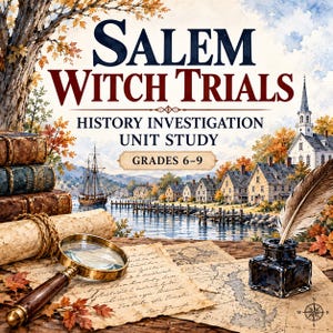 Könnte beinhalten: Eine Geschichts-Lerneinheit mit dem Titel Salem Witch Trials Grades 6-9, die eine Aquarellillustration eines Kolonialhafens, einen Stapel alter Bücher, eine Lupe, eine Feder im Tintenfass und gealterte Pergamentdokumente zeigt.