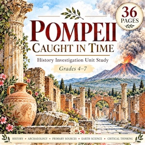 Pode incluir: Um caderno de estudo de história de 36 páginas intitulado Pompeii Caught in Time para os graus 4-7. A capa apresenta uma ilustração em aquarela de ruínas romanas, um grande vaso de terracota com um relevo e o Vesúvio em erupção.
