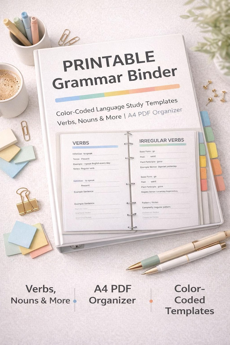 Printable Grammar Binder | Color-coded Language Study Templates | Verbs ...