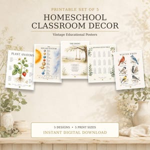 Puede incluir: Un conjunto de cinco pósteres educativos imprimibles para la decoración de un aula en casa. Los pósteres incluyen ilustraciones de anatomía vegetal, el sistema solar, un columpio bajo un árbol, una tabla de multiplicar y aves de invierno con texto.